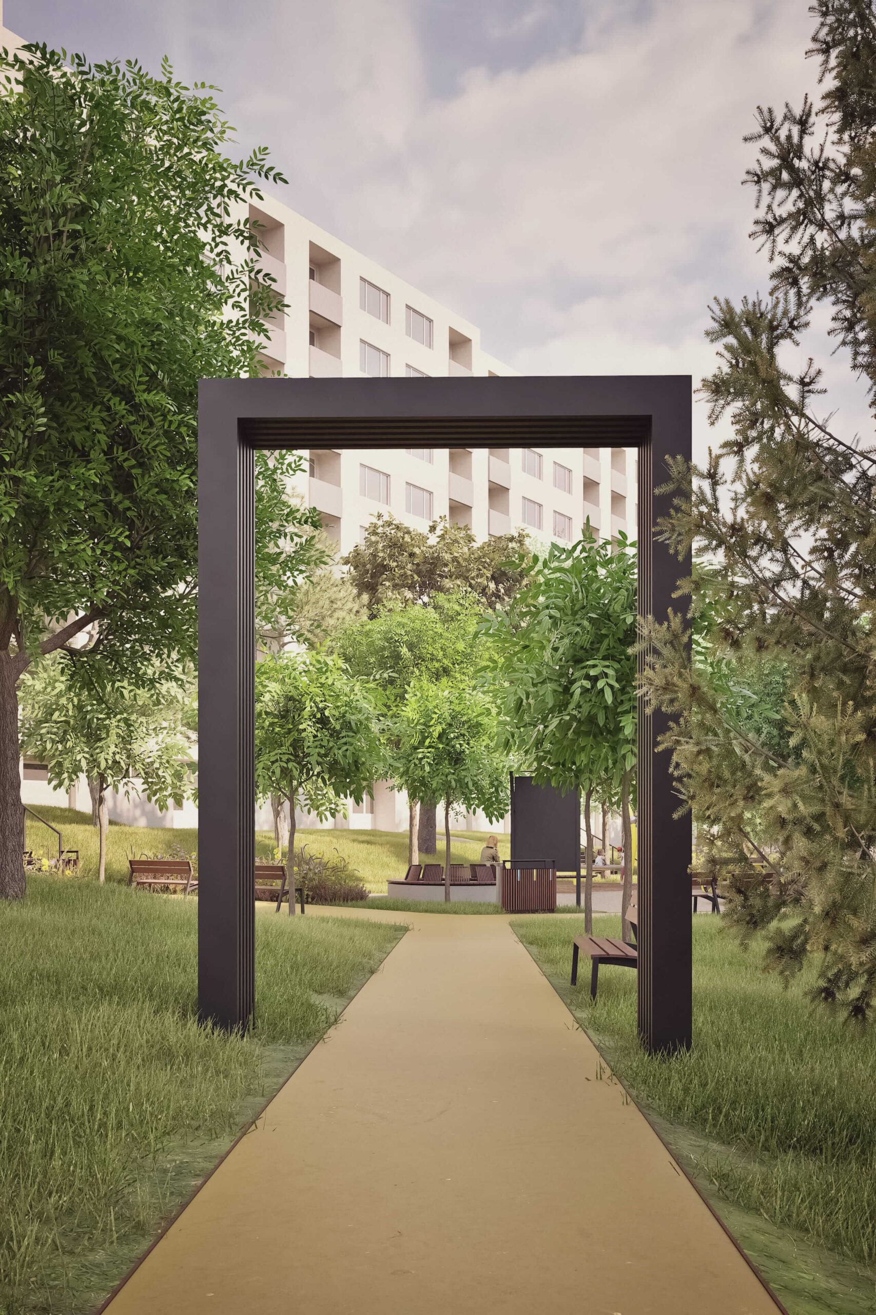 Vstup aj výstup z chodníka budú zvýraznené osvetlenou portálovou konštrukciou. 