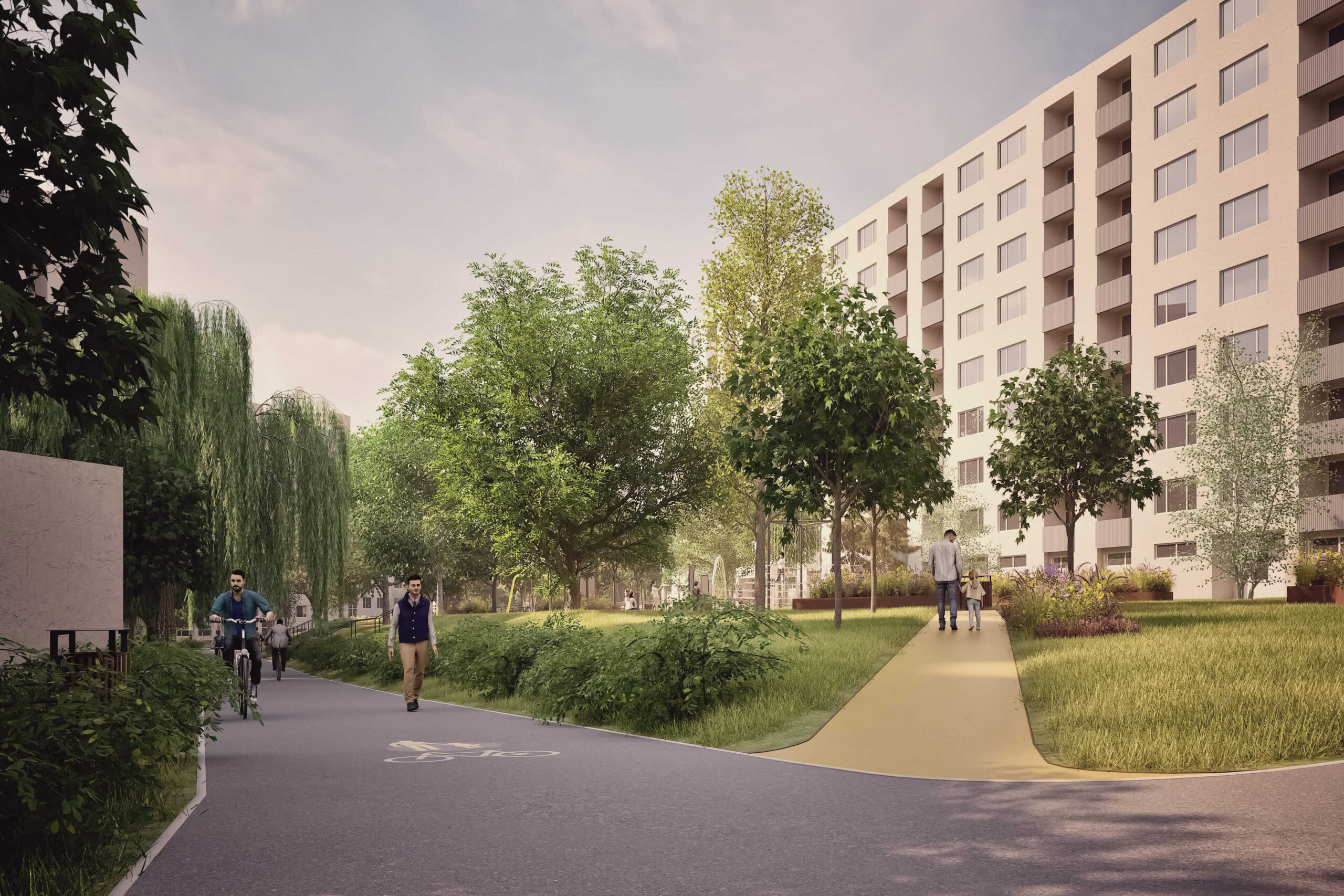 Základnou myšlienkou projektu je prepojenie celého vnútrobloku chodníkom z pigmentovaného betónu.