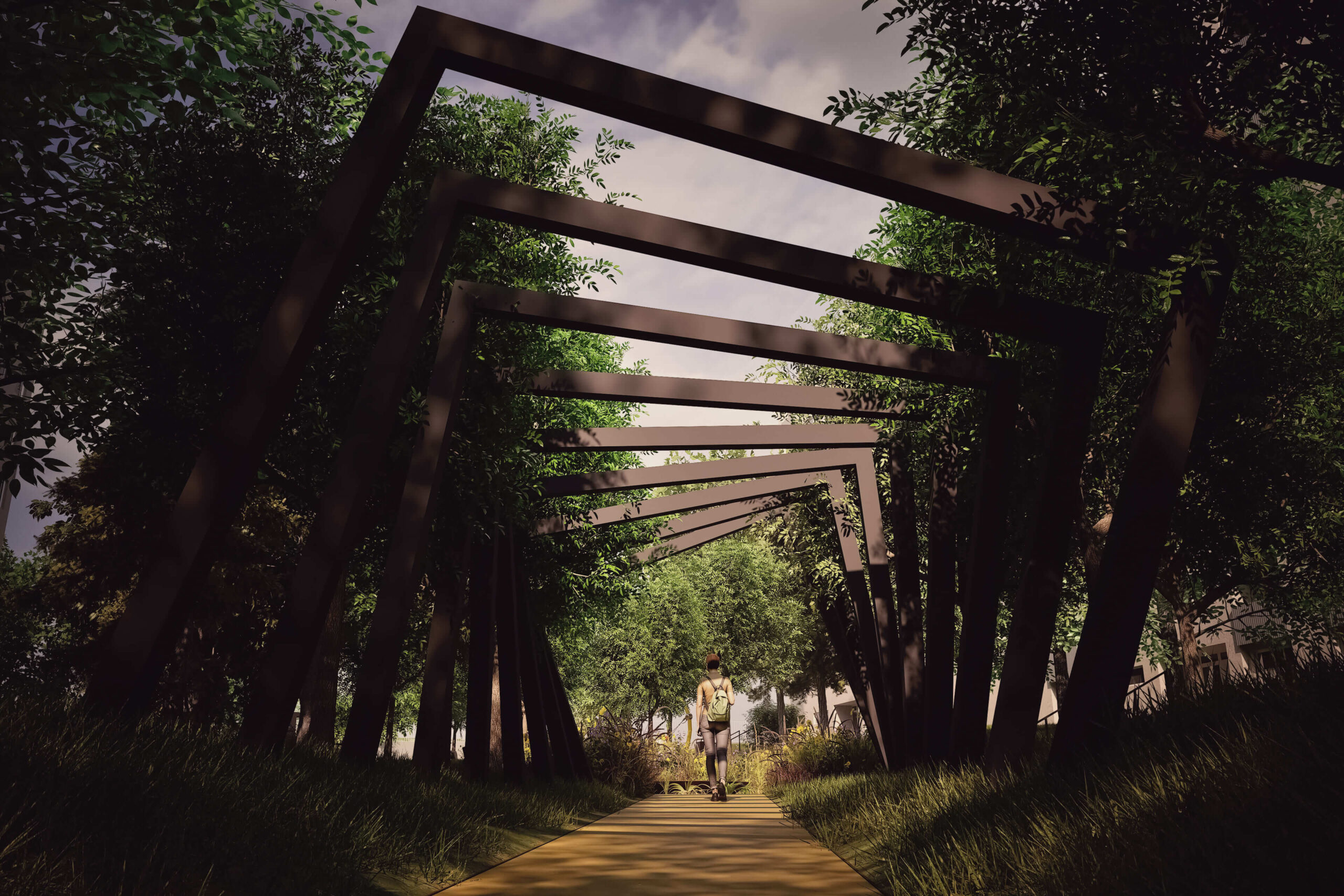 Základnou myšlienkou projektu je prepojenie celého vnútrobloku chodníkom z pigmentovaného betónu.