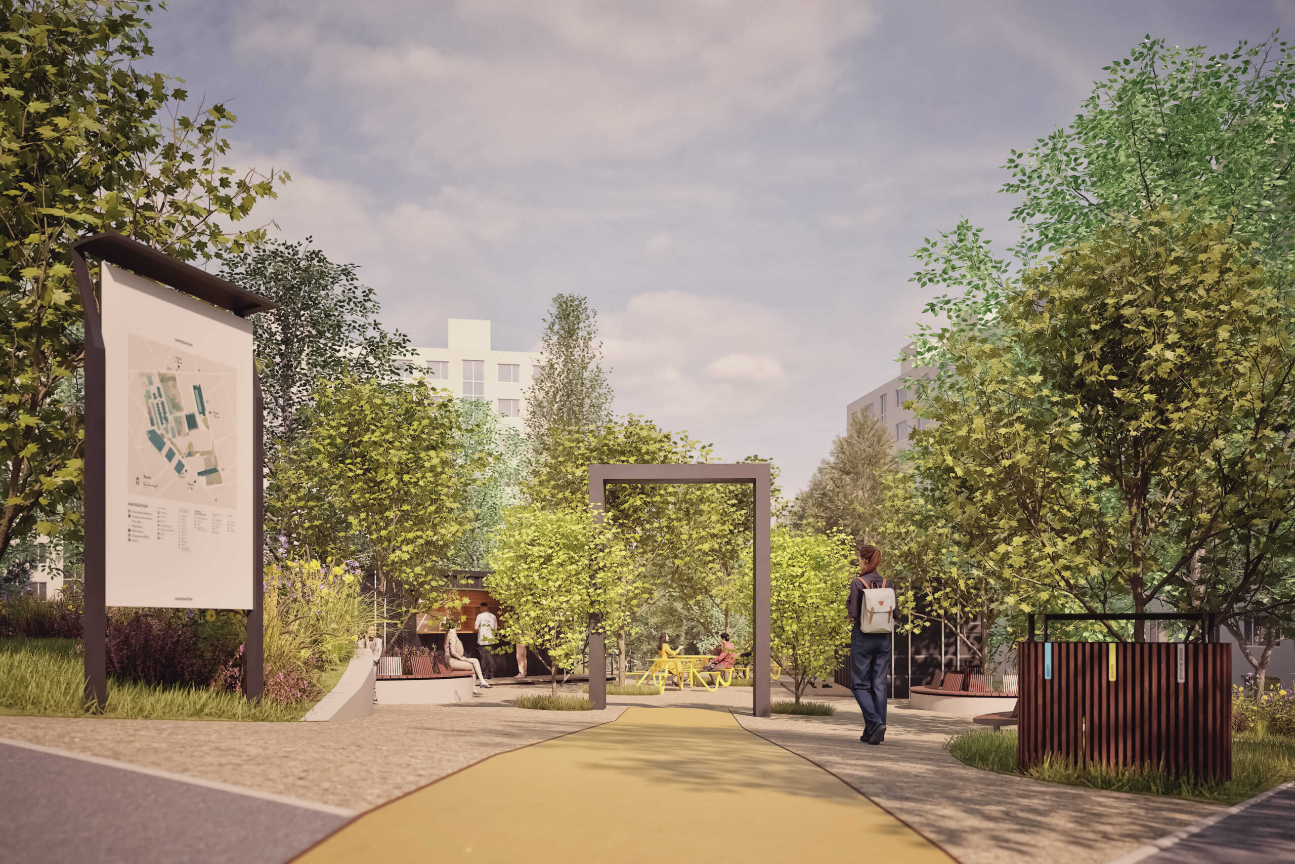 Vstup aj výstup z chodníka budú zvýraznené osvetlenou portálovou konštrukciou. 