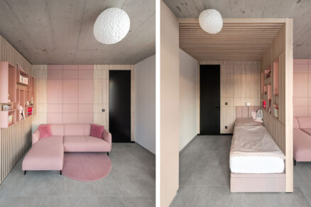 Detská izba s pastelovým nábytkom a betónovým stropom