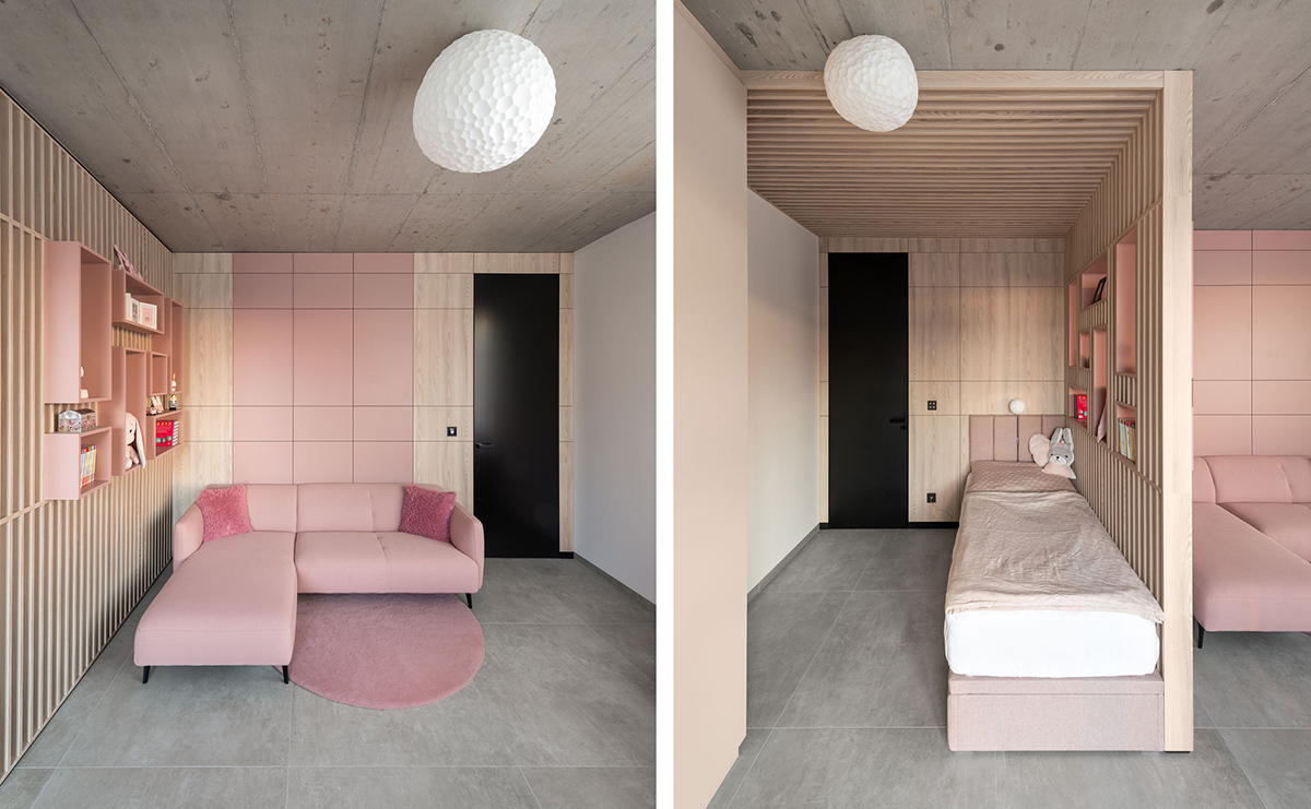 Detská izba s pastelovým nábytkom a betónovým stropom