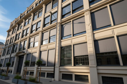 Screenové rolety na oknách administratívnej budovy v mestskom prostredí