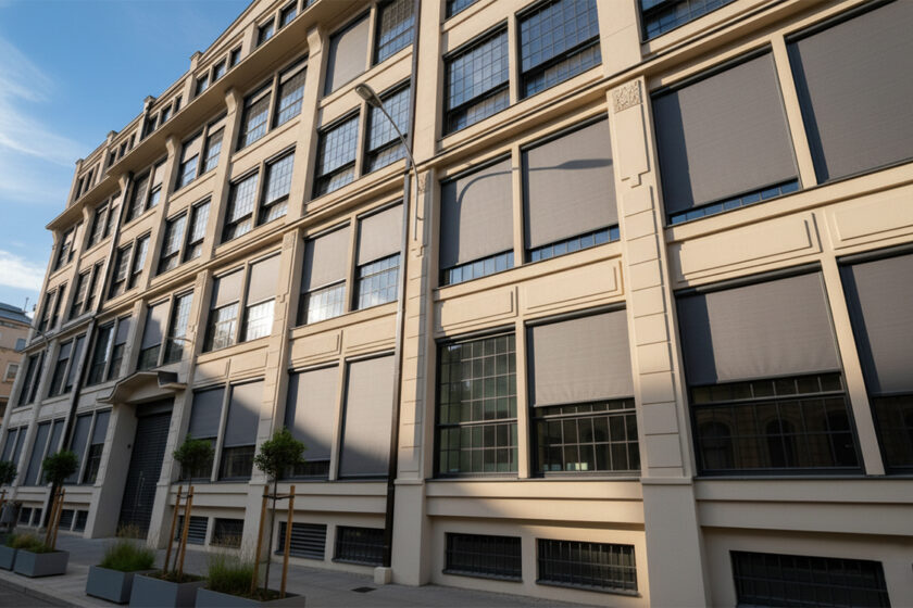 Screenové rolety na oknách administratívnej budovy v mestskom prostredí