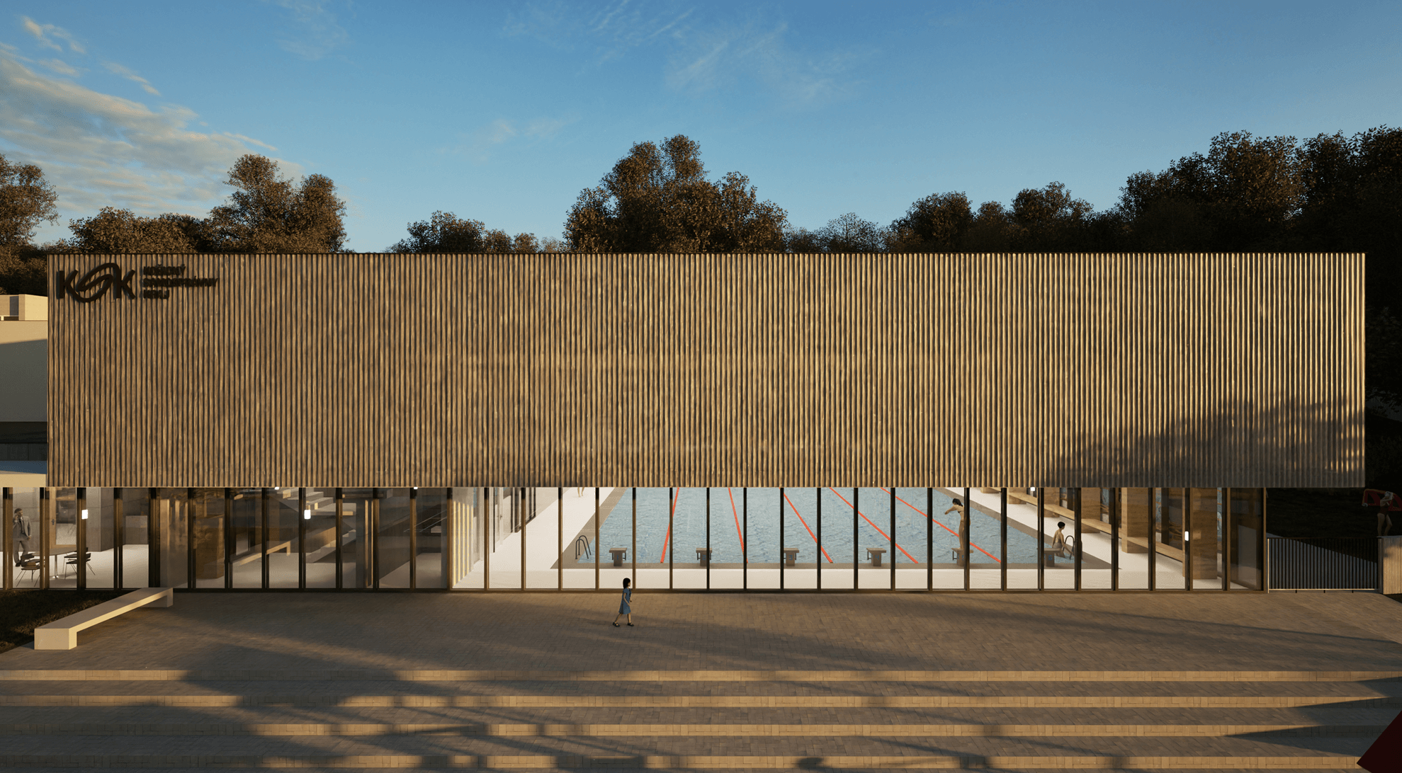 Plaváreň bola navrhnutá ako obdĺžniková hmota levitujúca nad sklenenou fasádou.