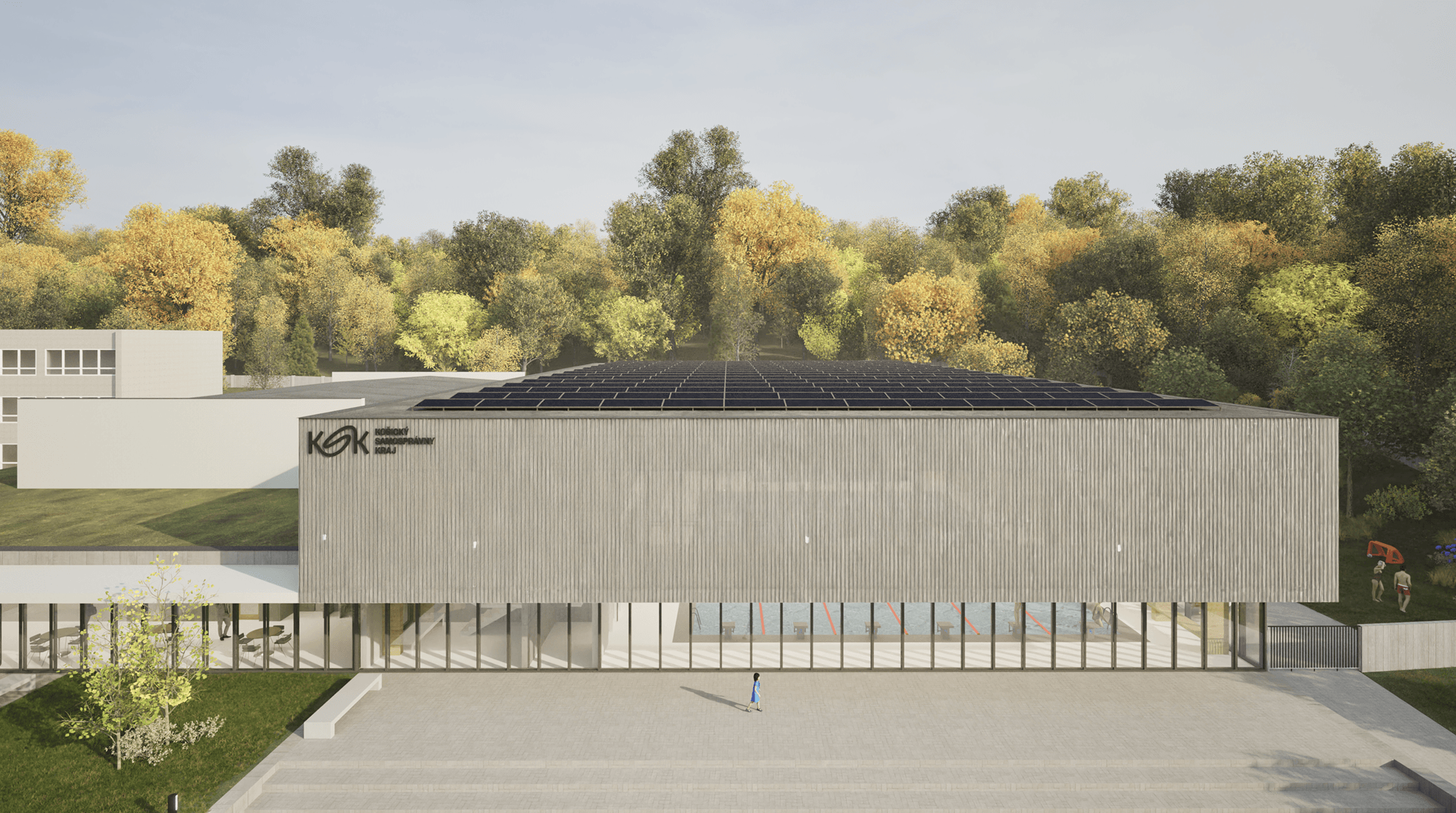 Plaváreň bola navrhnutá ako obdĺžniková hmota levitujúca nad sklenenou fasádou.