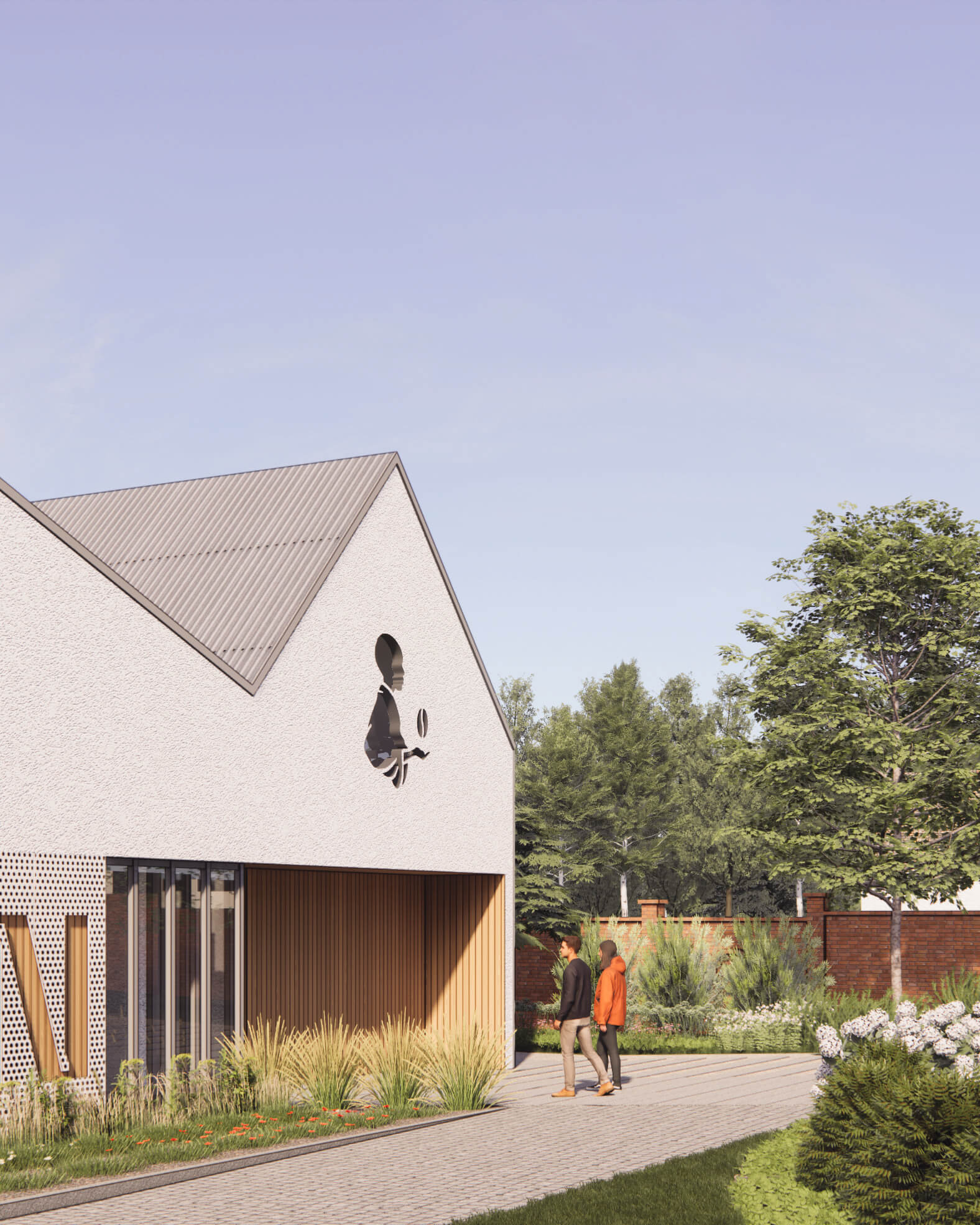 Hlavný vstup do objektu akcentuje logo značky znázorňujúce afrického chlapca s kávovým zrnkom. 