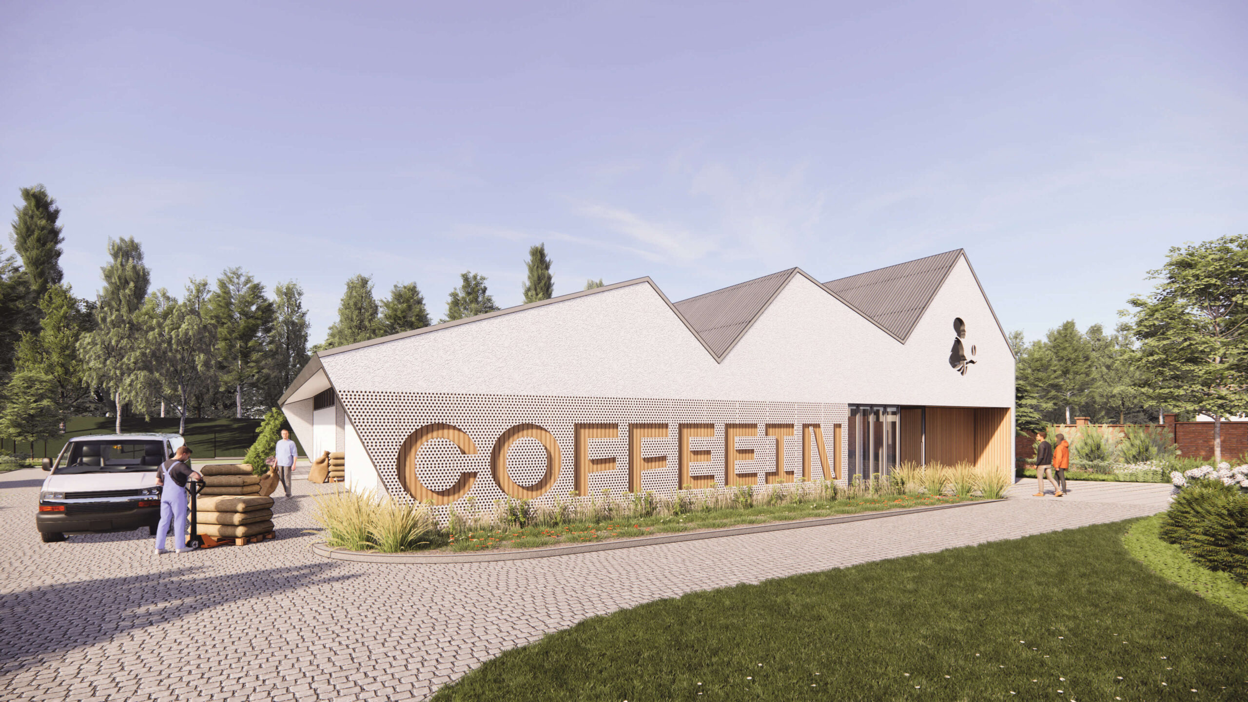 Vstupnému priečeliu dominuje veľkorozmerový názov firmy ako hlavný orientačný a zapamätateľný prvok budovy.