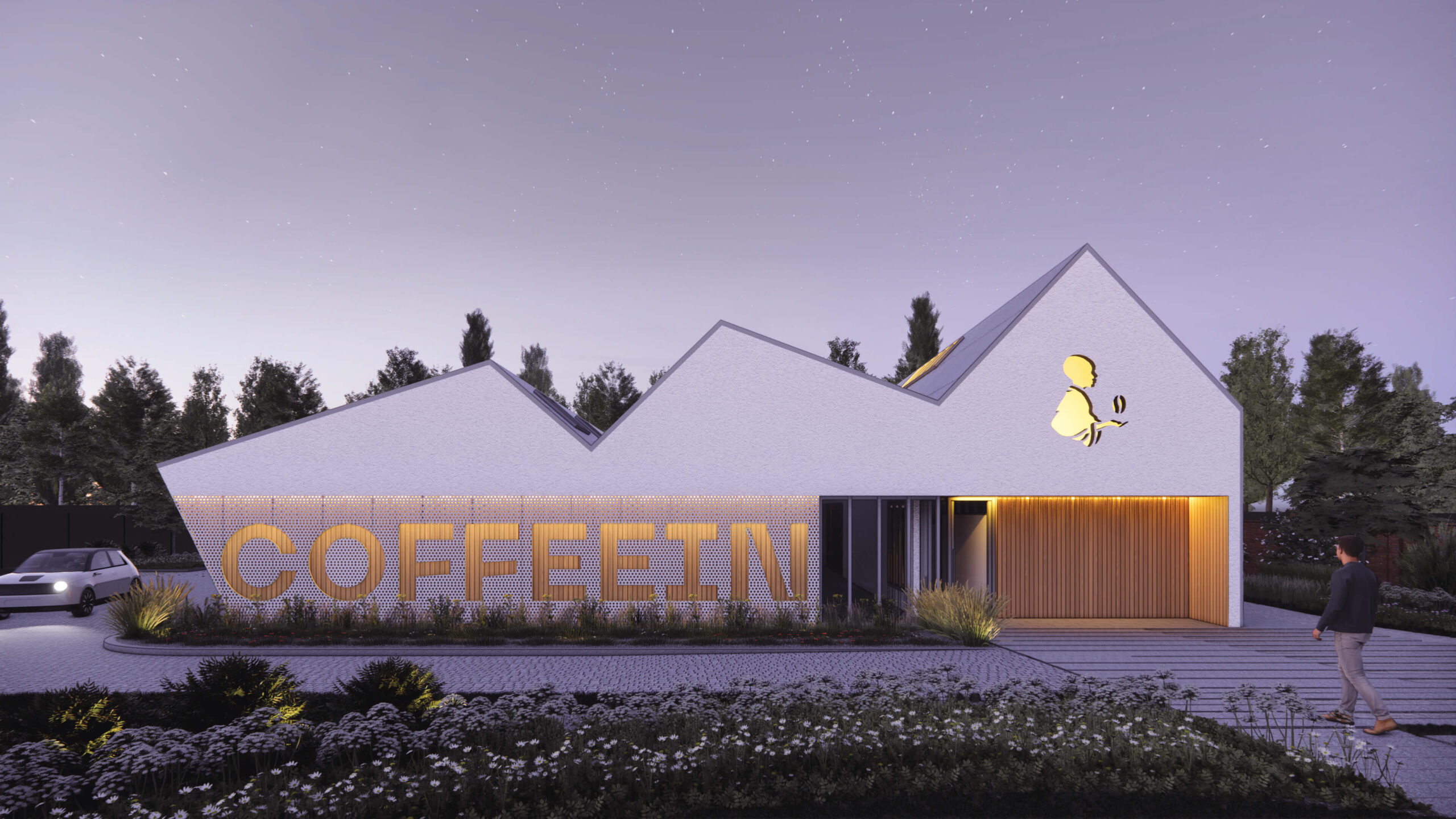 Hmota objektu predstavuje súčasný koncept reprezentujúci tri tradičné formy hospodárskej budovy spojené v jeden funkčný celok.