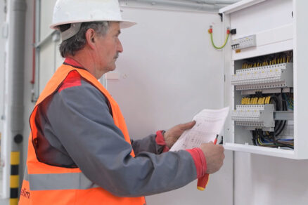 technik kontroluje elektrický rozvádzač v priemyselnom objekte