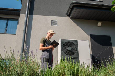 Technik kontroluje tepelné čerpadlo pri rodinnom dome