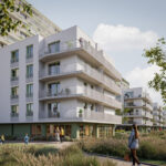 Súbor bytových domov s balkónmi a komunitným verejným priestorom