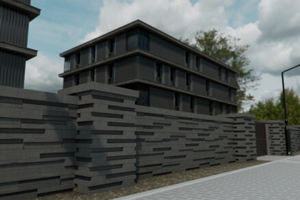 moderný plot Zen z betónových tvárnic s horizontálnym reliéfom pri bytovom dome