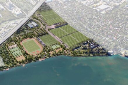 Vizualizácia športového brehu na južnom brehu jazera Zlaté piesky v Bratislave.