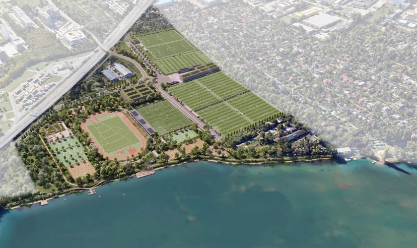 Vizualizácia športového brehu na južnom brehu jazera Zlaté piesky v Bratislave.