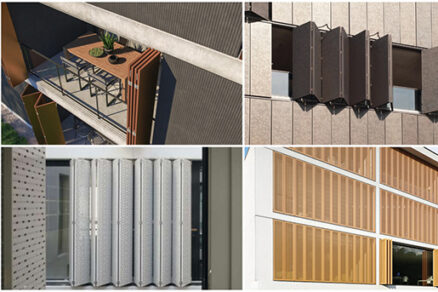 Fasádne skladacie tieniace panely na moderných budovách