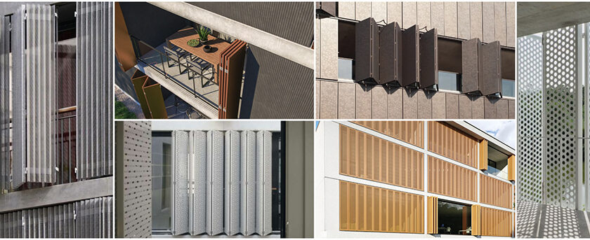 Fasádne skladacie tieniace panely na moderných budovách