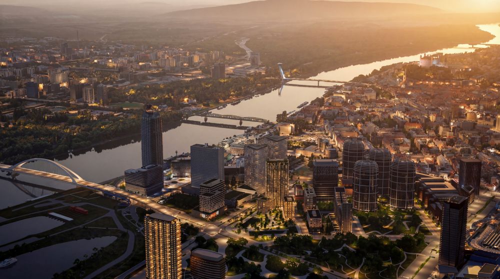 Širší pohľad na downtown s riekou Dunaj a  bytovým komoplexom Ister Tower.