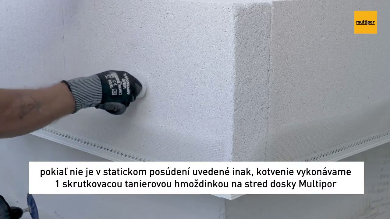 15. Osadenie skrutkovacej kotvy
Ak nie je v statickom návrhu uvedené inak, na ukotvenie tepelnoizolačnej dosky do obvodového muriva sa použije jedna skrutkovacia kotva na jednu dosku. Do predvŕtaného otvoru v strede dosky sa osadí skrutkovacia kotva.