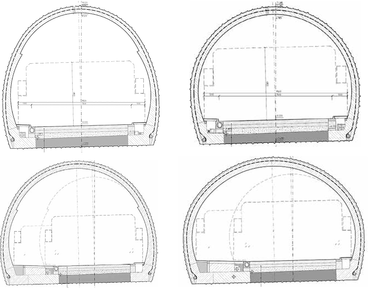 Obr. 2 Vzorový priečny rez tunelom – vľavo hore s medzistropom, vpravo hore bez medzistropu; vzorový priečny rez núdzovým zálivom – vľavo dole s medzistropom, vpravo dole bez medzistropu Obr. 2 Vzorový priečny rez tunelom – vľavo hore s medzistropom, vpravo hore bez medzistropu; vzorový priečny rez núdzovým zálivom – vľavo dole s medzistropom, vpravo dole bez medzistropu