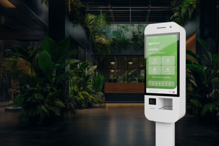 Digitálna recepcia s dotykovým kioskom pre automatizáciu vstupov v administratívnej budove alebo logistickom areáli.