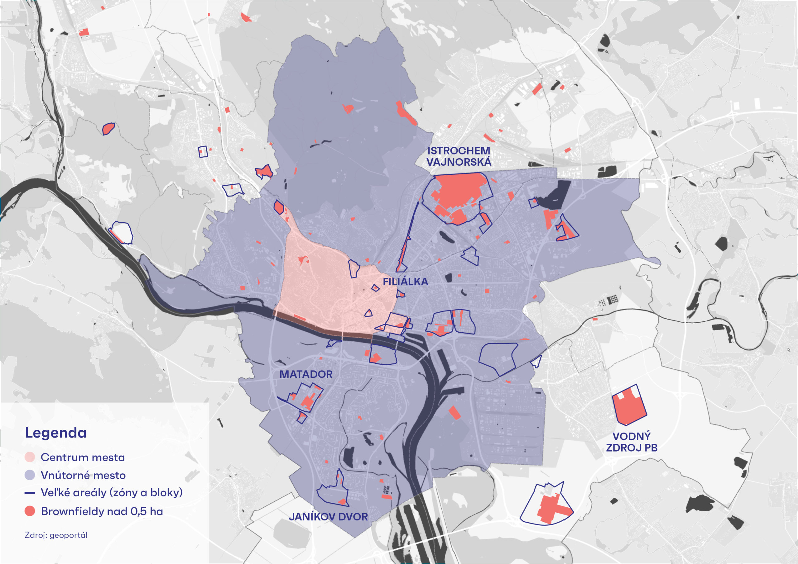 Mapa vnútorného mesta so zmapovanými územiami brownfieldov
