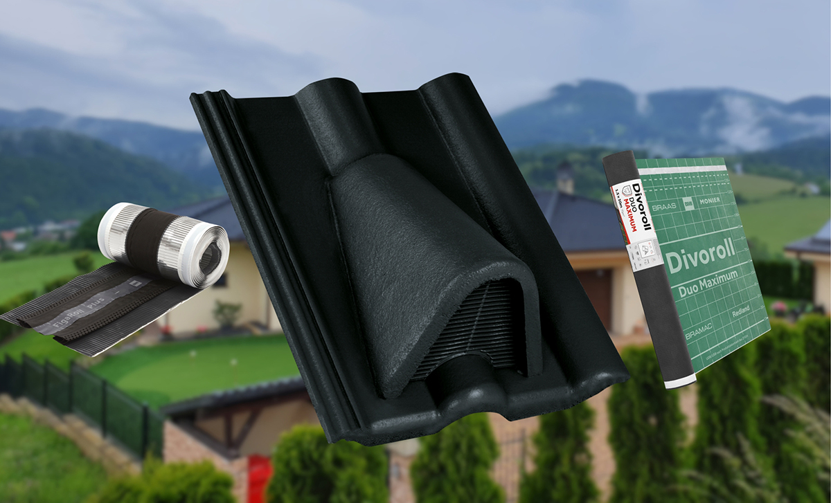 Strešné príslušenstvo vrátane ventilačnej škridly, tesniacich prvkov a poistnej hydroizolácie, ktoré tvoria súčasť kompletného strešného systému.