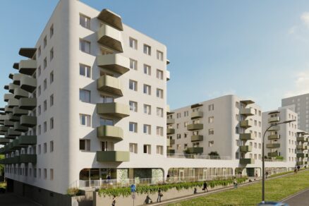 Projekt TRYO má oblé línie a charakteristickými balkónmi.