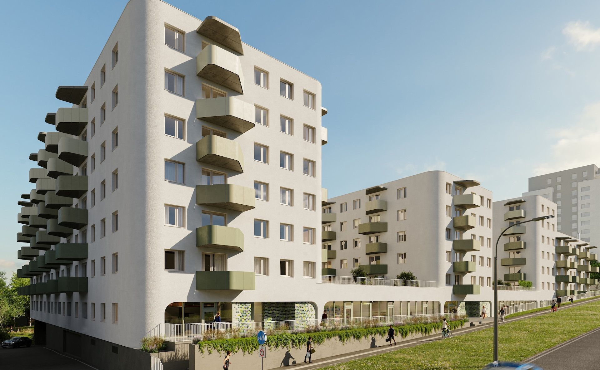 Projekt TRYO má oblé línie a charakteristickými balkónmi.