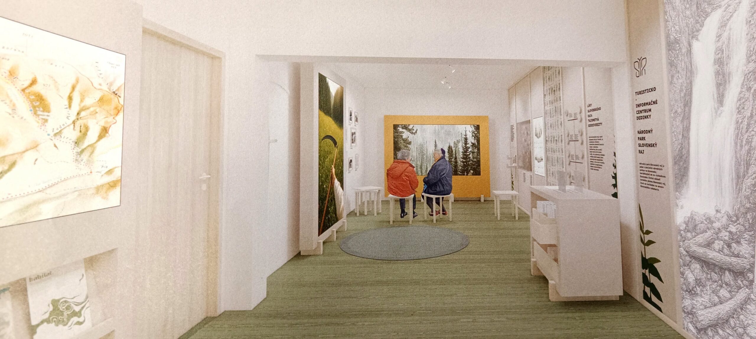 Vizualizácia finálnej podoby expozície v interiéri EKO centra z architektonickej štúdie firmy Studio BRUT
