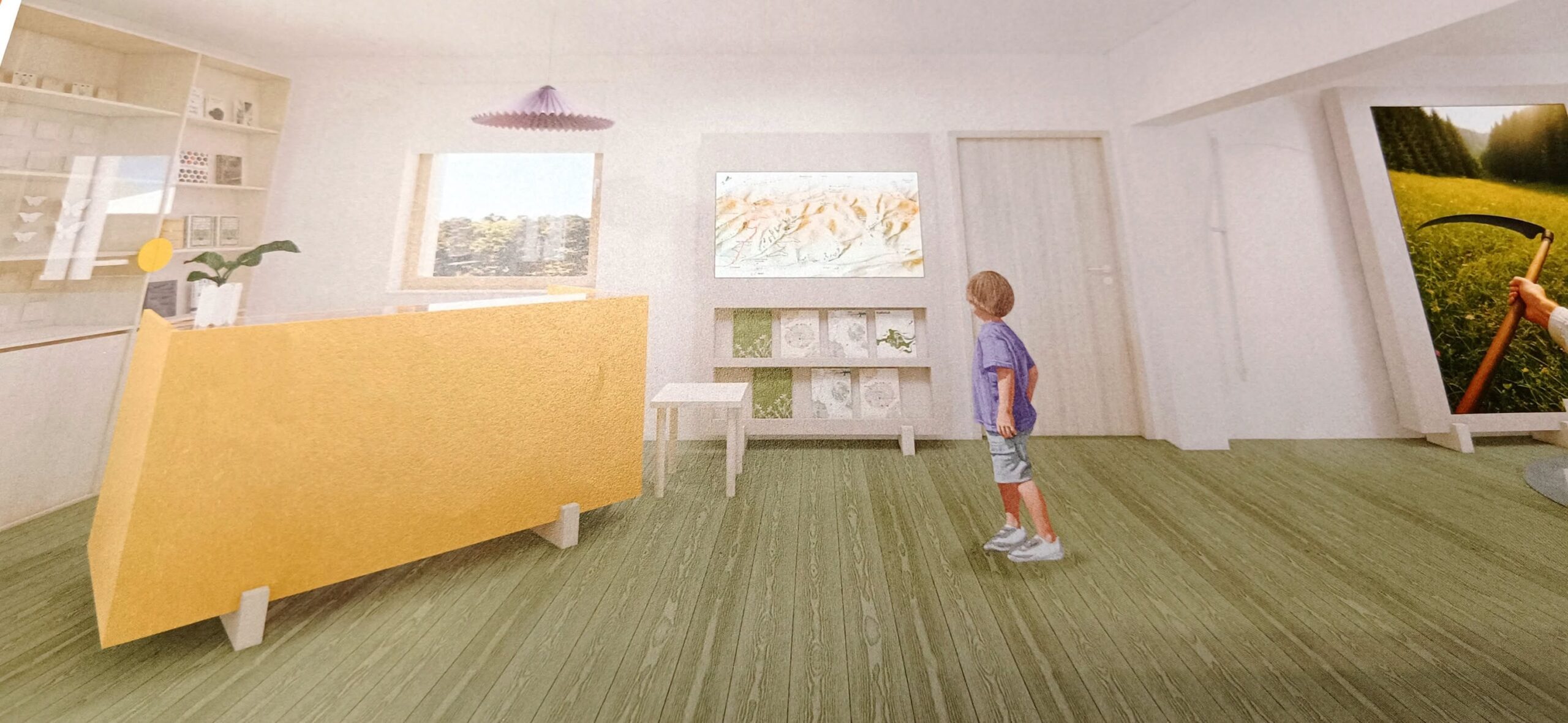 Vizualizácia finálnej podoby expozície v interiéri EKO centra z architektonickej štúdie firmy Studio BRUT