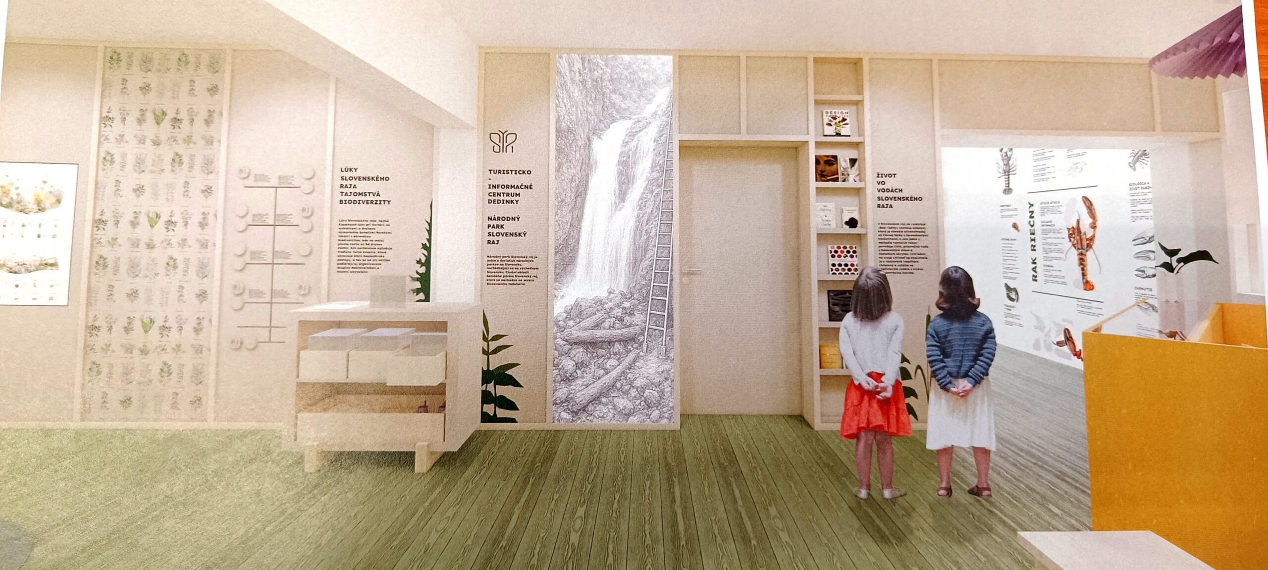 Vizualizácia finálnej podoby expozície v interiéri EKO centra z architektonickej štúdie firmy Studio BRUT