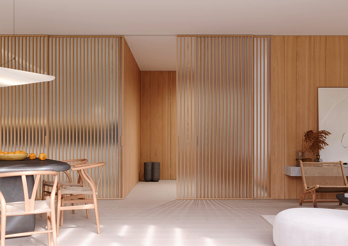 Posuvné dvere IDEALINE WOOD VERTICAL v posuve do stropu PREMIUM Posuvné lamelové dvere s dreveným rámom v modernom interiéri