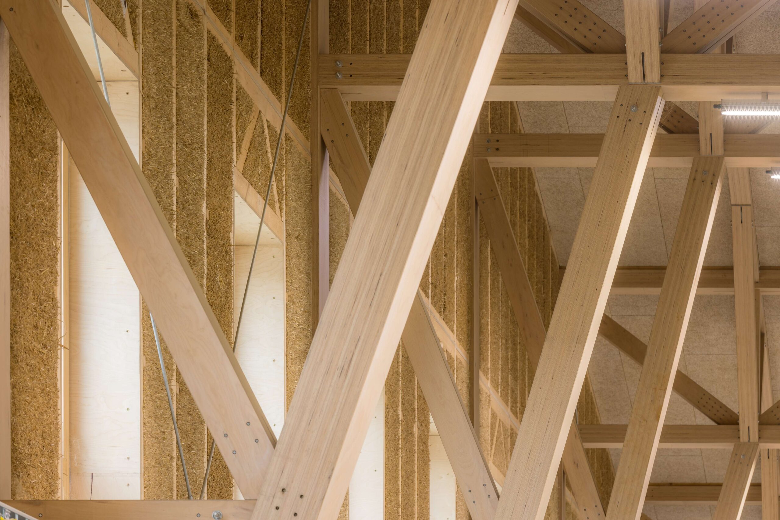 Odhalené drevené konštrukcie a slamené panely tu netvoria len stavebnú obálku, ale stávajú sa samotným vizuálnym a estetickým zážitkom z architektúry.