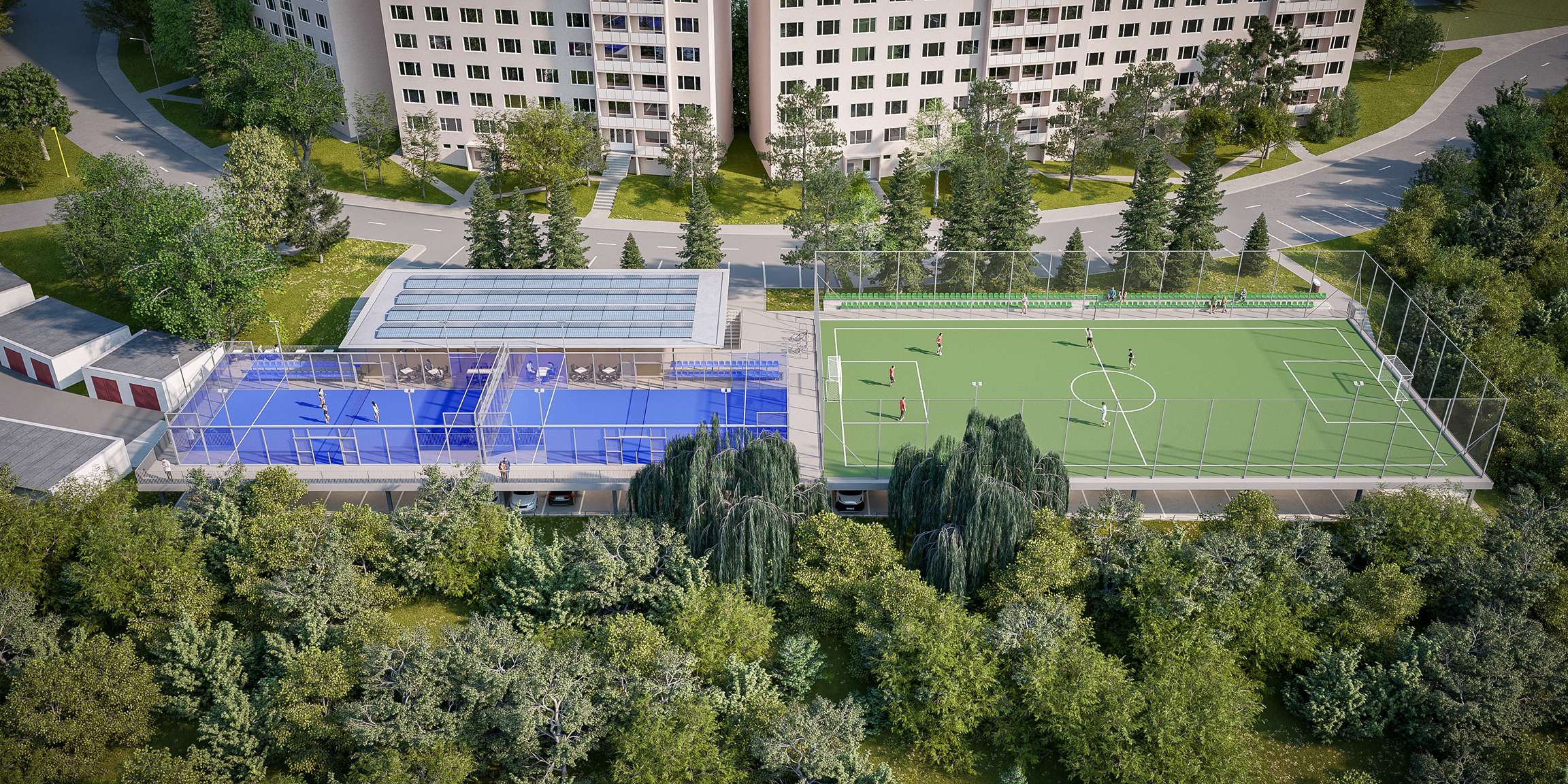 Na hornej úrovni vzniknú dva padelové kurty, futsalové ihrisko, zázemie pre športovcov aj krytá terasa s bufetom.