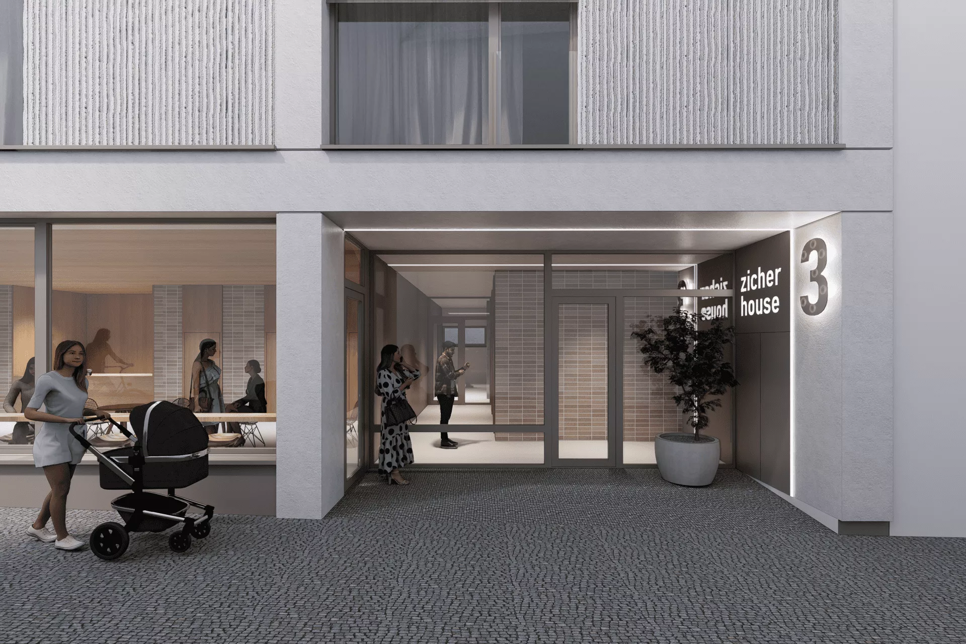 Parter projektu ZicherHouse doplní menšia prevádzka, vstup do bytovej časti a vjazd do podzemnej garáže.