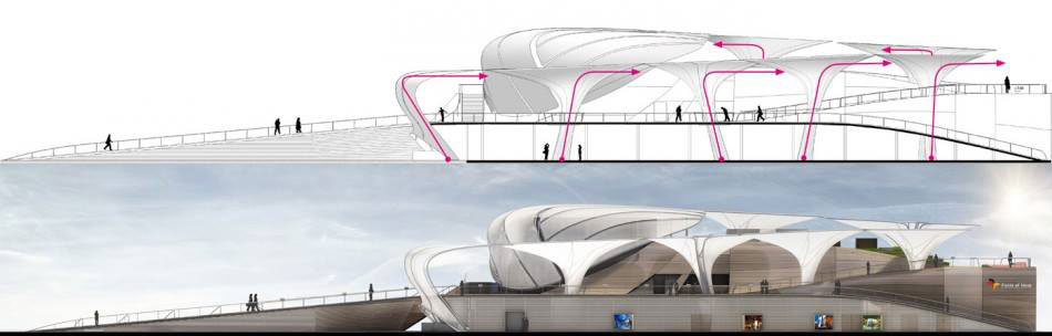 Stúpajúci tvar pavilónu má evokovať typické nemecké polia, lúky a mierne hornatý charakter krajiny © SCHMIDHUBER / Milla & Partner