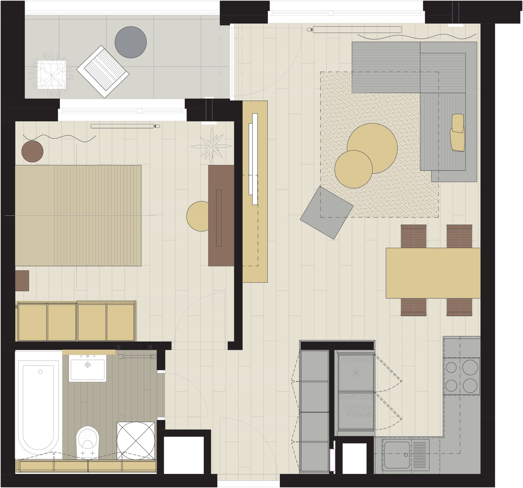 Dispozícia bytu 2 + kk (plocha 44,88 m2)