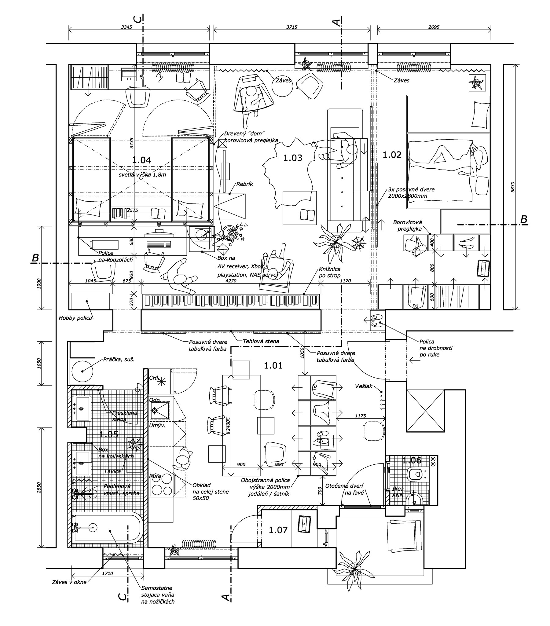 Obr. 12 Podrobný pôdorys bytu po rekonštrukcii