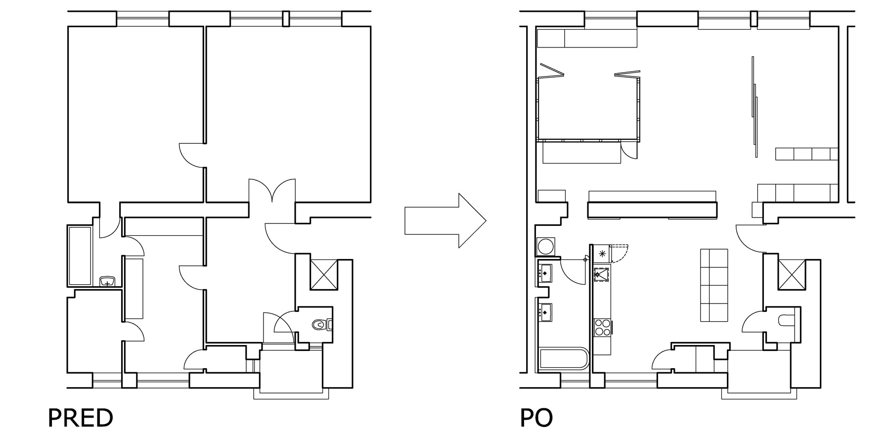 Obr. 2 Pôdorys pred a po