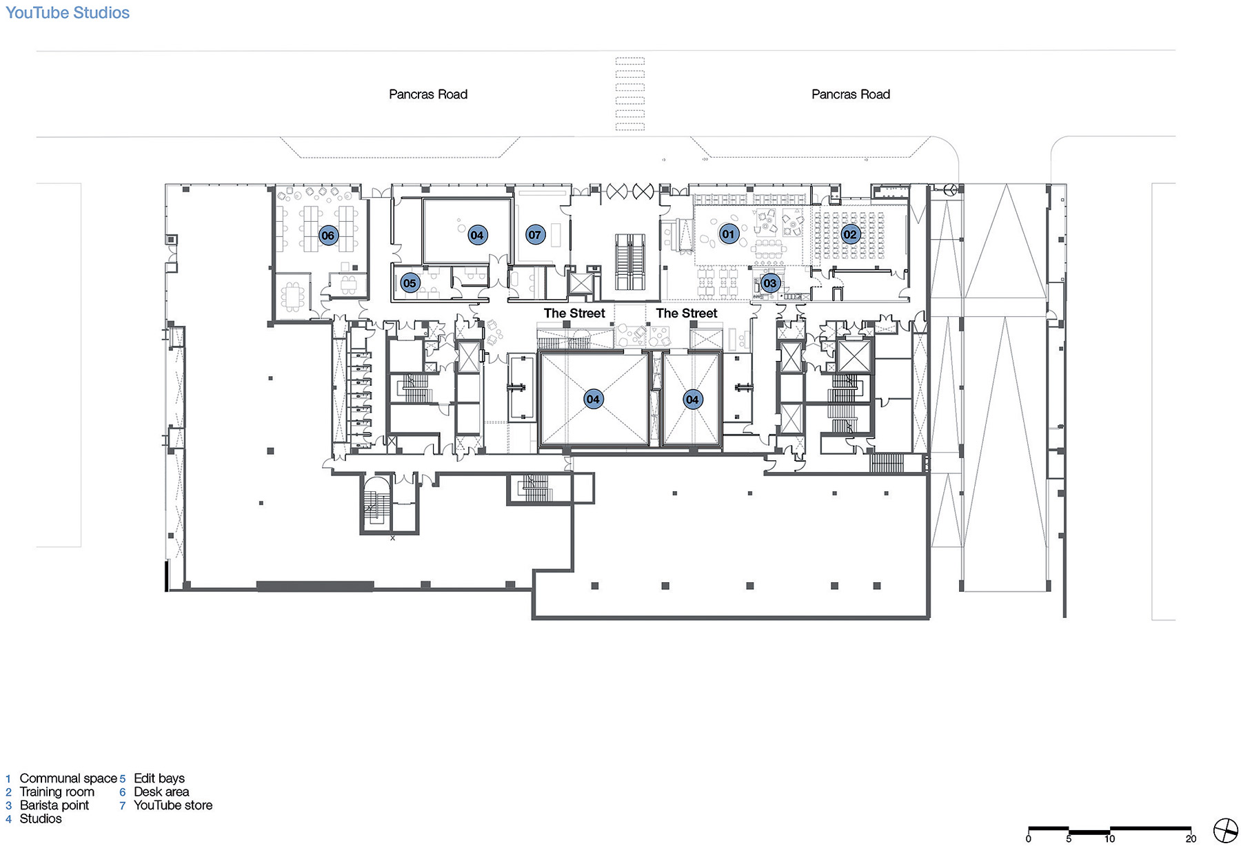 Pôdorys 1. nadzemného podlažia so štúdiami YouTube 1 Relaxačný priestor 2 Školiaca miestnosť 3 Káva – barista 4 Štúdiá 5 Editovacie miestnosti 6 Kancelária 7 YouTube obchod