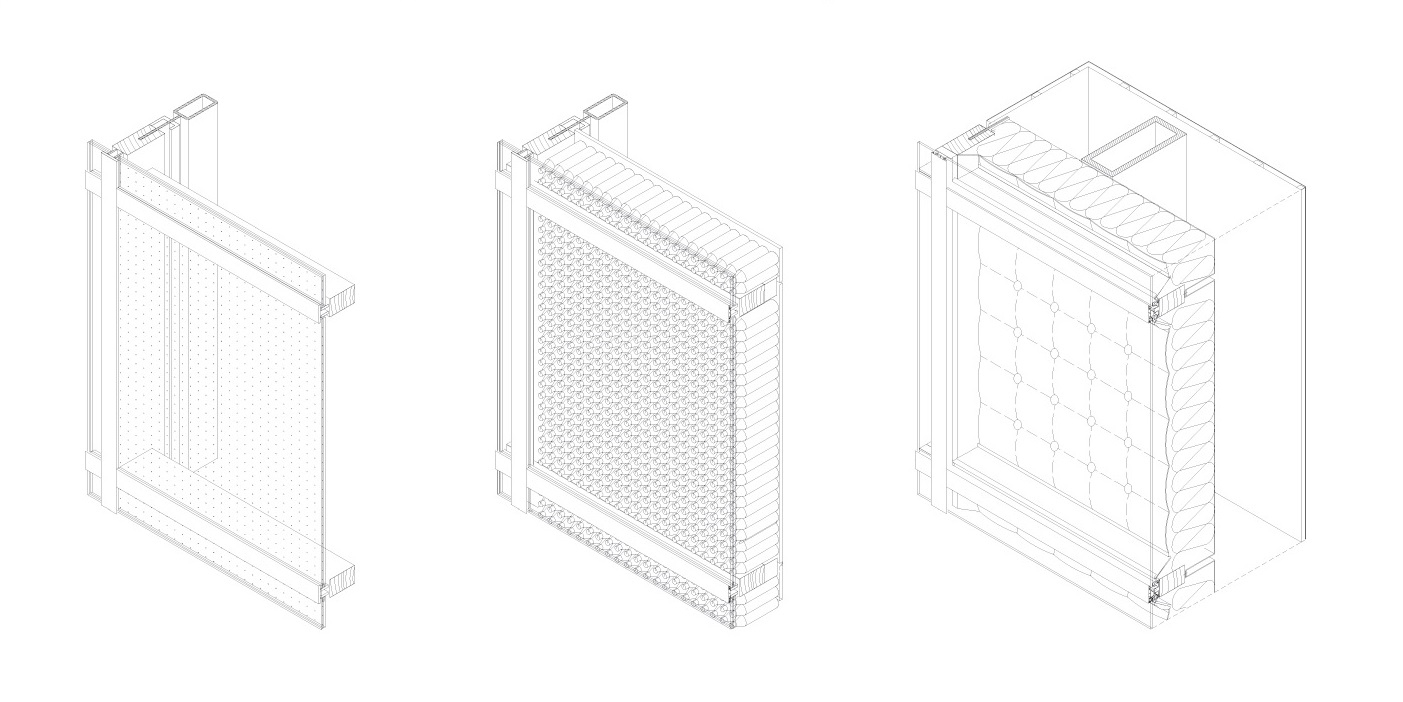 Axonometrie skladby fasádnych panelov z vákuovaného skla, s výplňou z recyklovateľných fliaš a z prešívanej izolačnej vaty