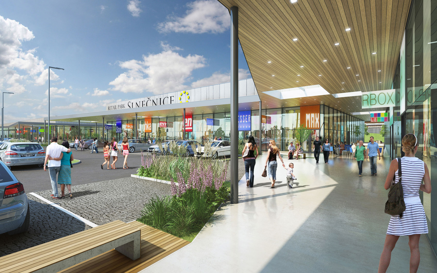 Sport & Retail Park Slnečnice (2017) Nákupné centrum v Slnečniciach prinesie na ploche približne 8 500 m2 mix obchodov a služieb s dôrazom na voľnočasové funkcie, šport a zábavu. Bude prepojené s plánovaným parkom v zóne Mesto. FOTO, VIZUALIZÁCIE: CRESCO GROUP, Henbury development