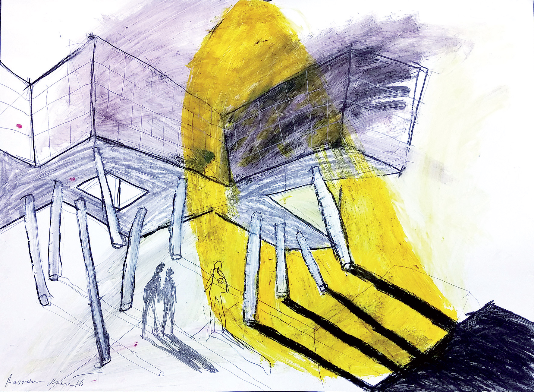 Koncepčné skice naznačujú vnímanie budovy z rôznych uhlov.
