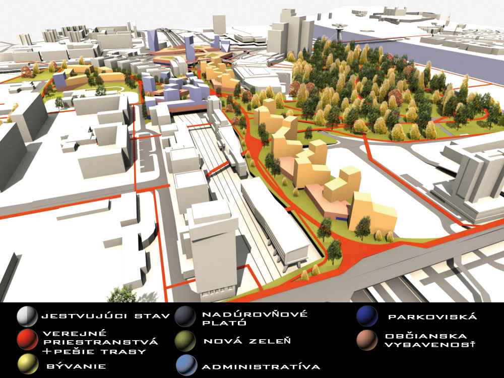 Nová Einsteinova: diaľnicu, ktorá oddeľuje Petržalku od nábrežia návrh prekrýva novou urbanistickou štruktúrou. Zdroj: Architekti Šebo Lichý