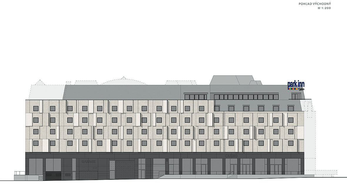 Návrh obnovenej fasády Hotela Park Inn, Bratislava – východný pohľad