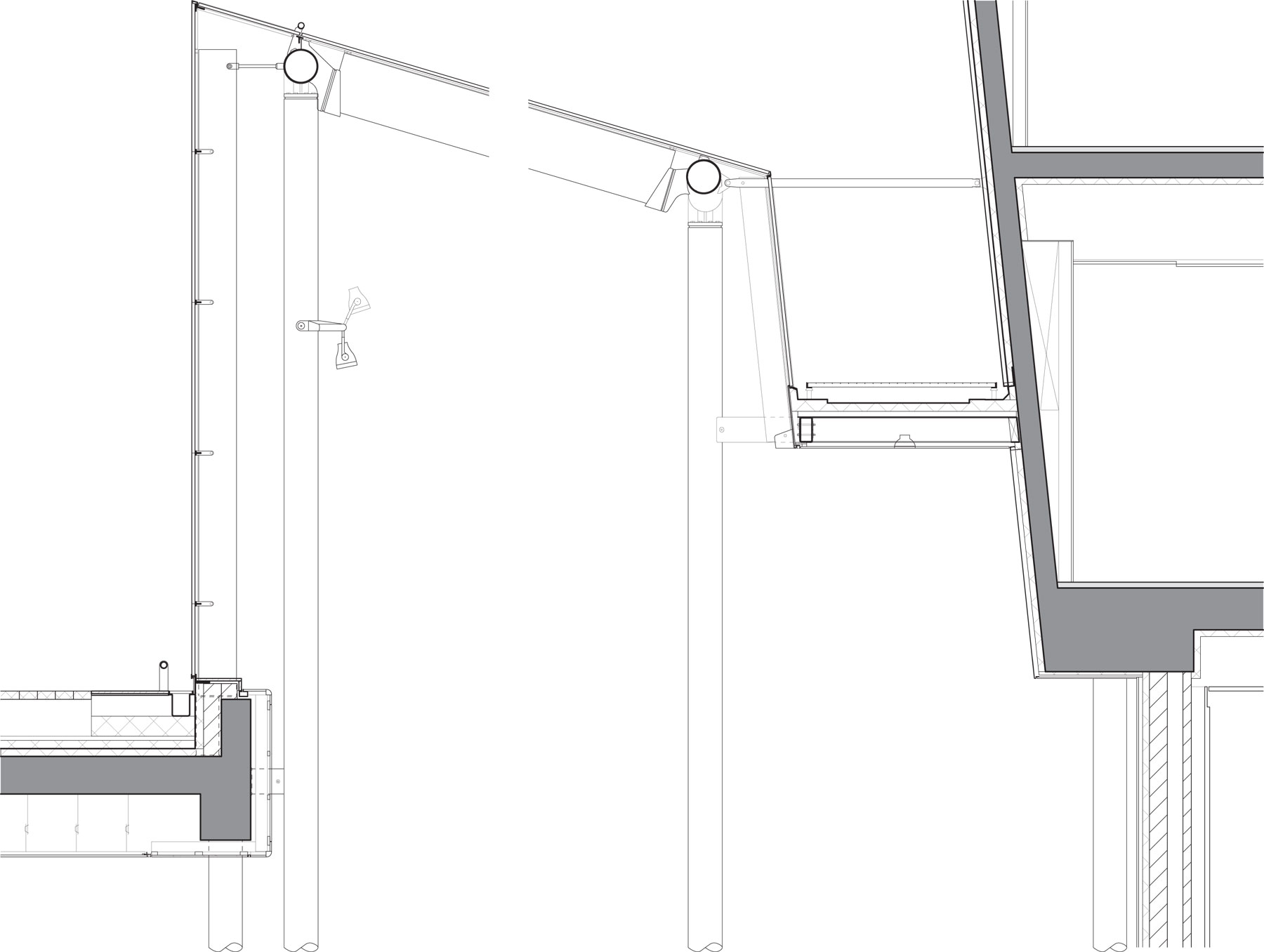 Detail fasády so skleneným nosníkom a oceľovými stĺpmi