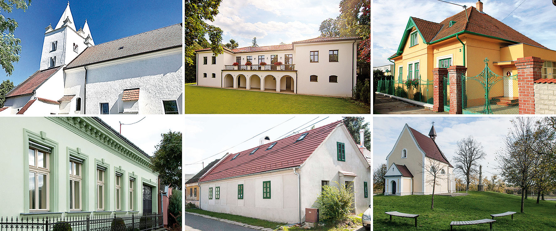 1. Románsko-gotický kostol sv. Jakuba vo Štvrtku na Ostrove, 2. Bývalá výletná reštaurácia v Modre--Harmónii (Vila Etelka), 3. Medzivojnová vila vo Vajnoroch, 4. Rodinný dom vo Vysokej pri Morave, 5. Rodinný dom v Kuchyni, 6. Pustý kostolík v katastri mesta Svätý Jur