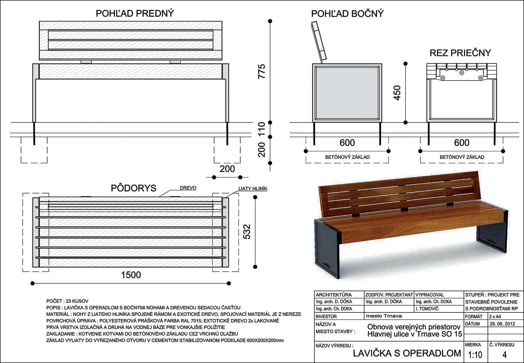 Zrealizovaný mobiliár – typová lavička s operadlom