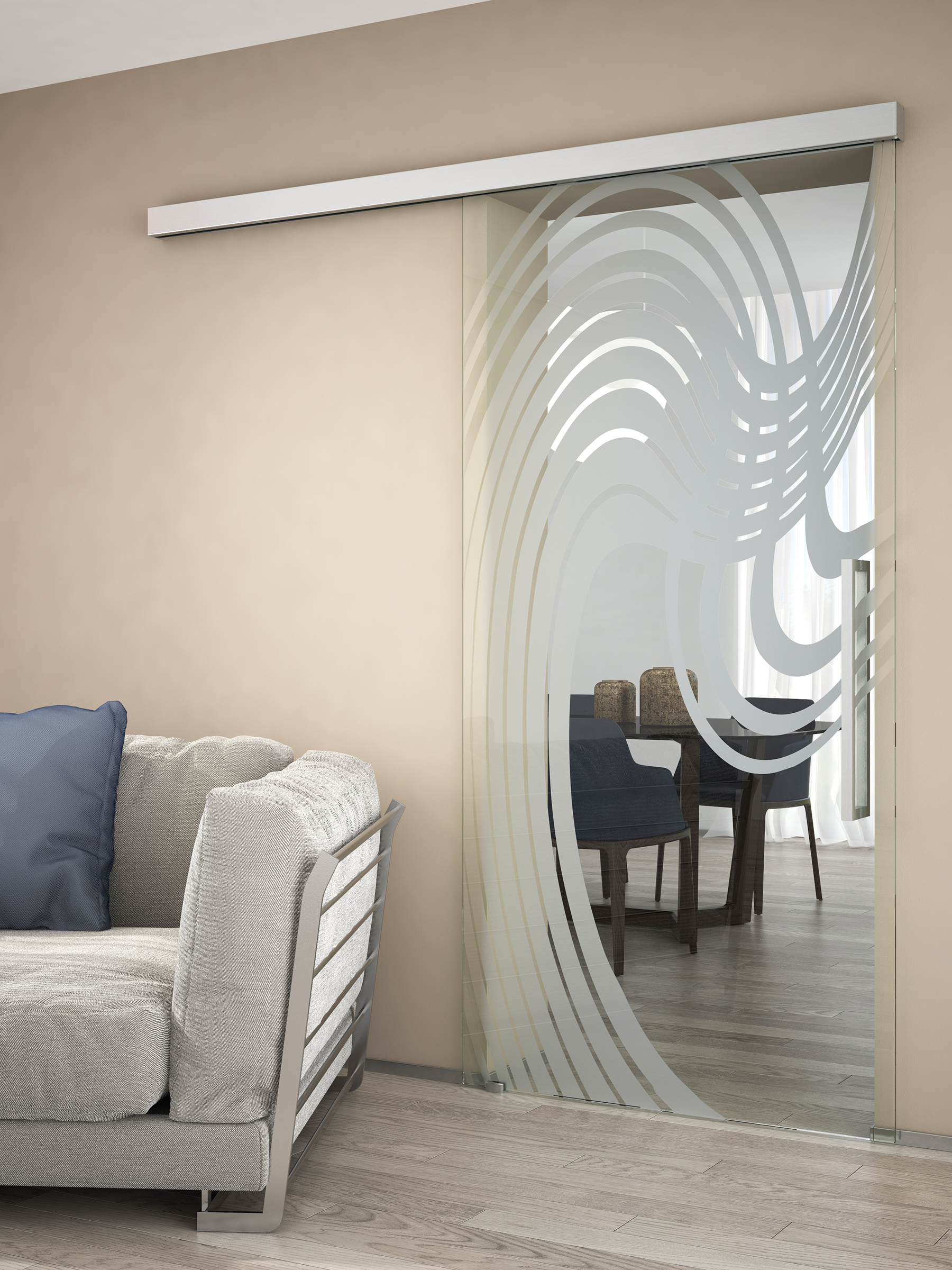 TRIX ZERO posúva jednokrídlové celosklenené dvere s pieskovaným motívom.
